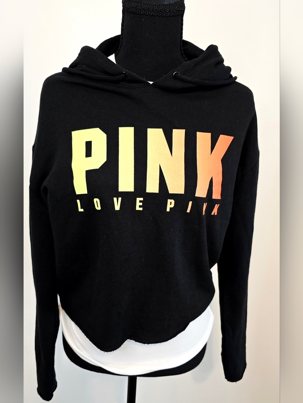 PINK Victoria’s Secret Cropped Hoodie Black Rainbow Logo Cutout XS